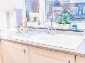 A kitchen with a sink, a dish rack, a potted plant, a window with a view, and a bottle of hand soap. - Lakeland View, Keswick Cumbria (Keswick)