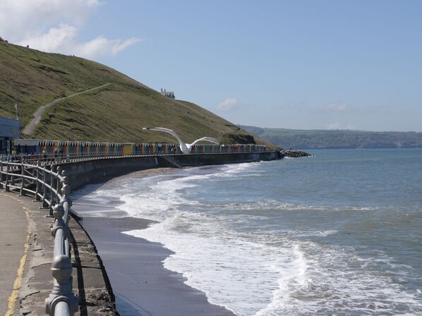 A coastal walkway with a metal railing, a grassy hill, and a body of water. - White Goose Cottage, Whitby (Whitby)