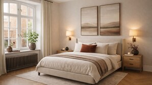 A bedroom with a bed, bedside tables, a radiator, a window with curtains, and two wall-mounted lamps. - Elegant 2-Bed 2-Bath in Covent Garden (London)