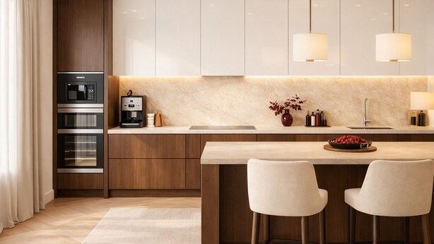A modern kitchen with a central island, bar stools, a coffee machine, and a microwave. - Elegant 2-Bed 2-Bath in Covent Garden (London)