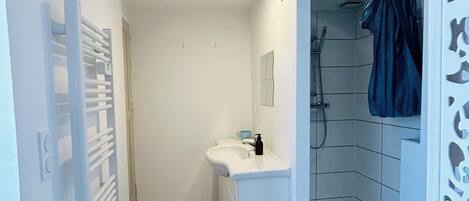 Hair dryer, towels, soap, toilet paper