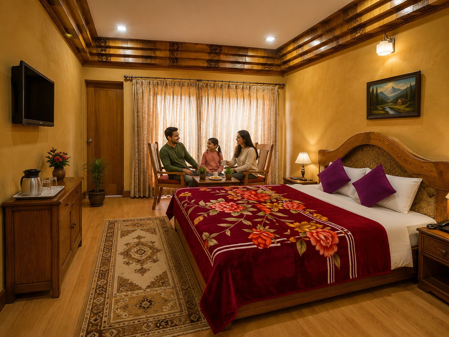 A hotel room with a wooden headboard, a large floral bedspread, a television on the wall, and a painting above the bed.