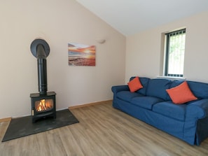Una habitación con chimenea de leña, sofá azul con cojines rojos, un cuadro en la pared y una ventana.