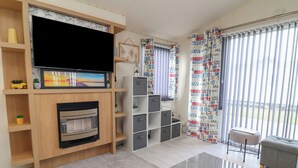 Una sala de estar moderna con televisor de pantalla plana, chimenea, estanterías y un sofá gris.