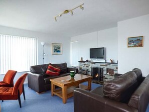Een woonkamer met een open haard, een televisie en een bank.