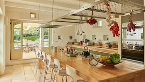Een moderne keuken met een houten bar, hangplanten en uitzicht op de omgeving.