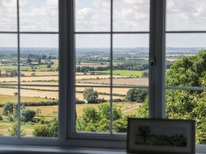 Una ventana con vistas a un paisaje rural, que incluye campos y árboles.