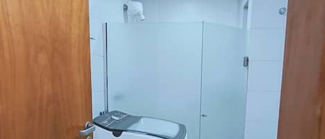 Hair dryer, towels, soap, toilet paper
