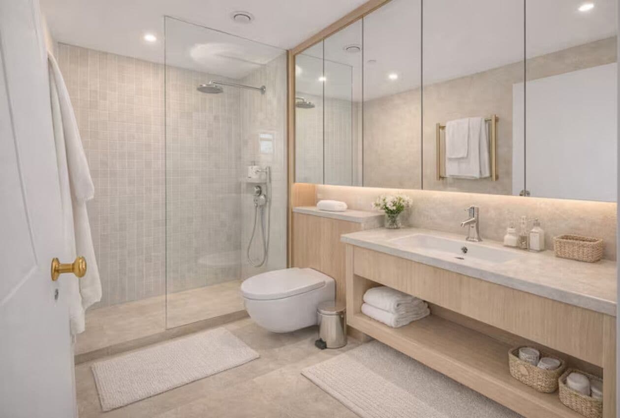 Een douche, een bidet, handdoeken, zeep