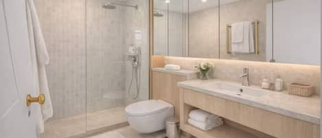 Dusche, Bidet, Handtücher, Seife