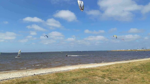 Ein Strand mit blauem Himmel, sandigem Ufer und ein paar Windsurfenden.