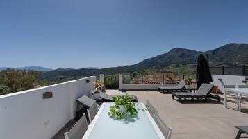 A rooftop terrace with a table, chairs, and a potted plant.