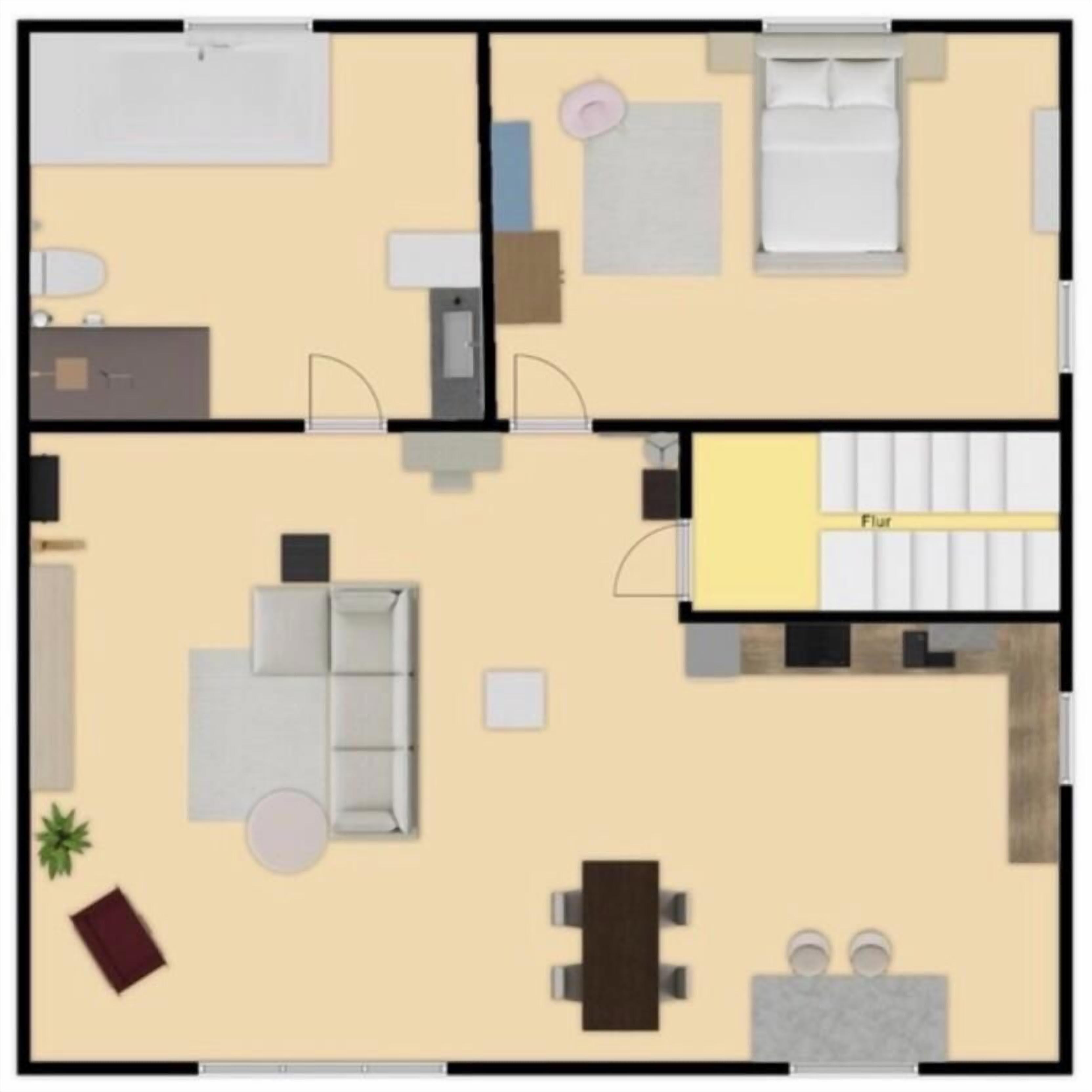Un plan d’aménagement de chambre d’hôtel comprenant un lit, un canapé, une table à manger, un petit coin cuisine et une salle de bain.