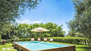 Ein rechteckiger Pool mit Holzterrasse, umgeben von gepflegtem Rasen und Hecken.