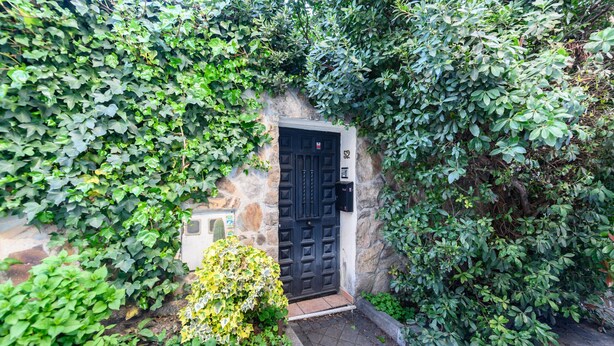 A black door with a stone wall and lush greenery surrounding it. - (SAB52) Spacious 3-bedroom villa with terrace (Madrid)