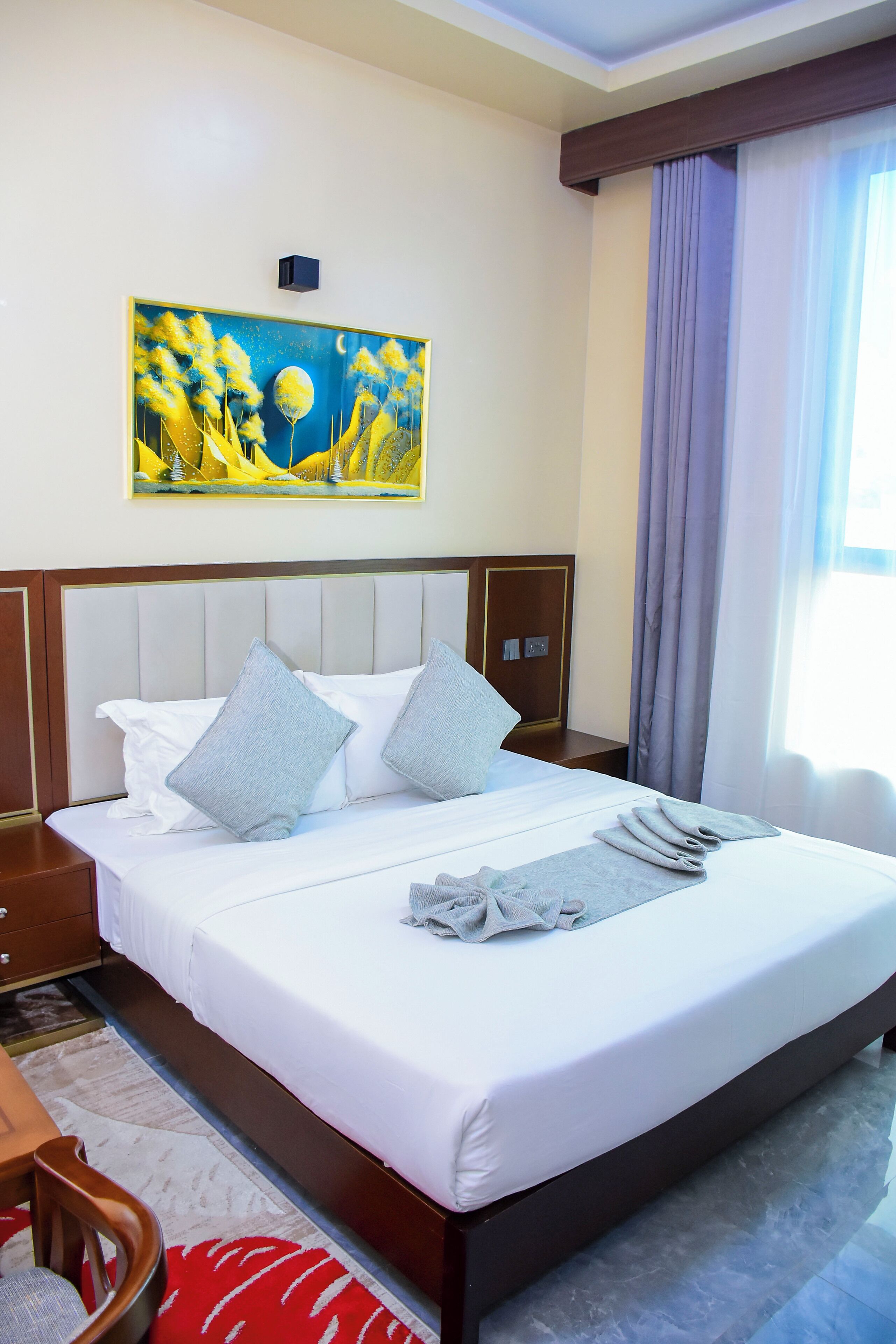 Desk, laptop workspace, free WiFi, bed sheets