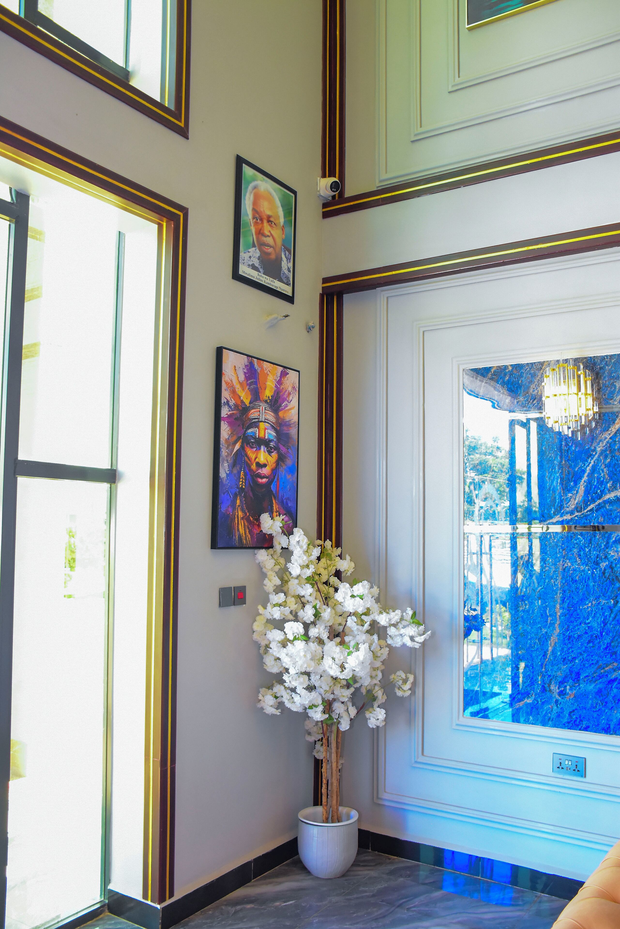 A hallway with a potted plant, framed artwork, and a door with a view of a blue outdoor area.
