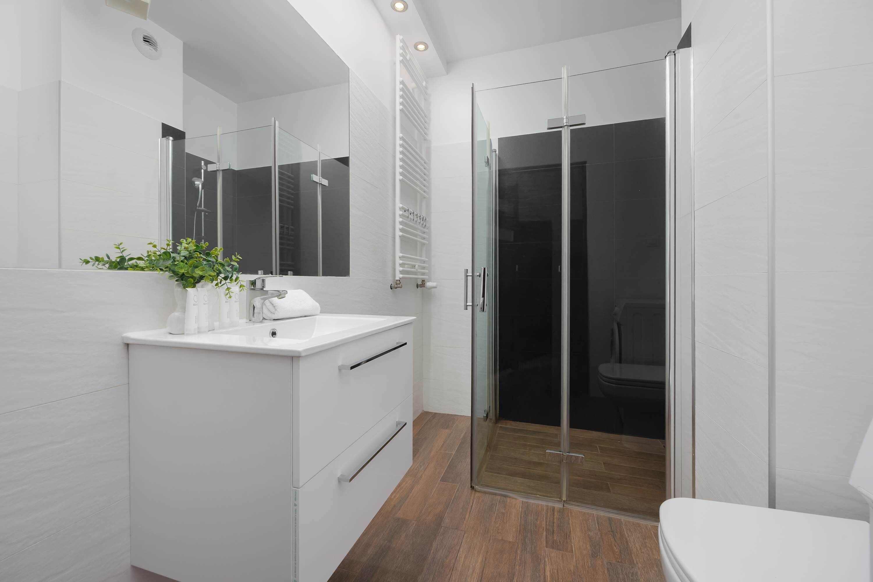 Shower, hair dryer, towels, shampoo