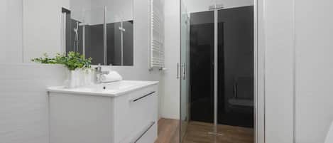 Shower, hair dryer, towels, shampoo