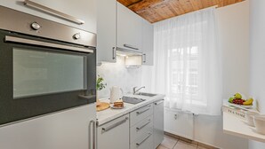 A modern kitchen with a built-in oven, a sink, and a window with sheer curtains. - Karlsbad Apartments (Karlovy Vary)