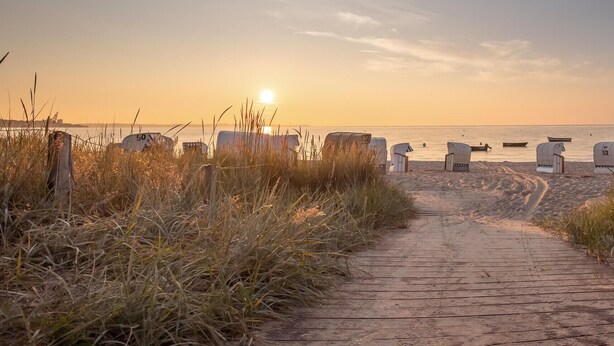 En strandpromenad som leder till strandhytter med numren 50 och 52, och ett lugnt hav i bakgrunden.