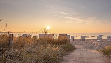 Ein Strandweg führt zu Strandhütten mit den Nummern 50 und 52, im Hintergrund ist ein ruhiges Meer zu sehen.