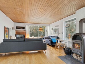 Ein modernes Wohnzimmer mit einer Couch, einem Esstisch und einem Kaminofen.