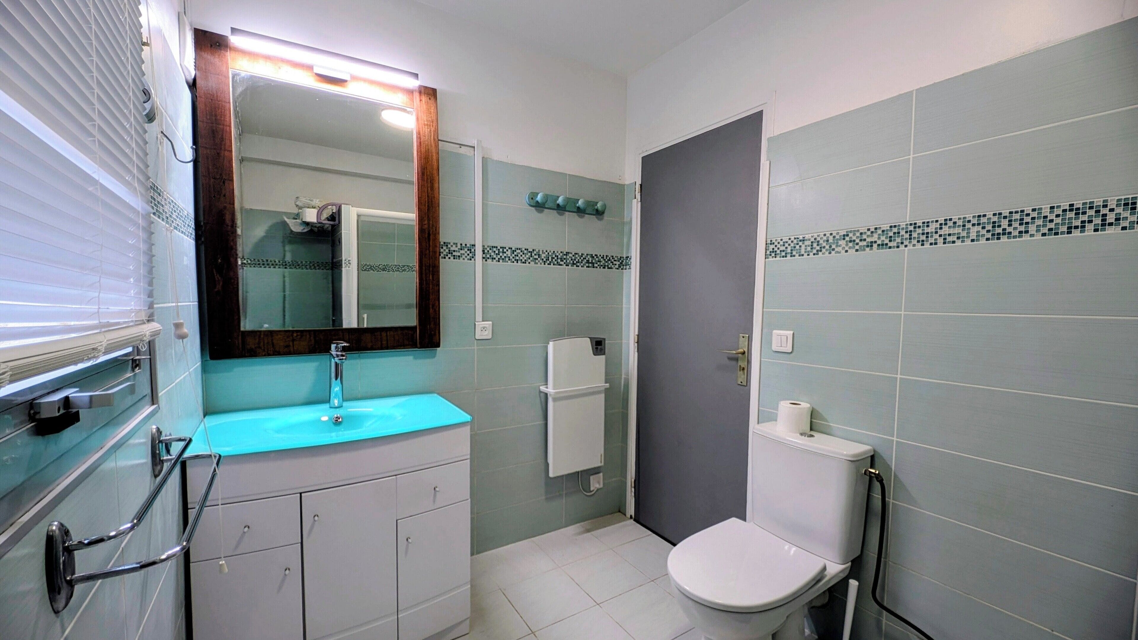 Douche, sèche-cheveux, serviettes fournies, papier toilette