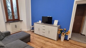 Un soggiorno con un divano grigio, una TV su un mobile bianco e una parete blu.