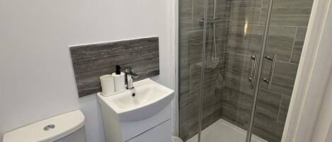 Shower, hair dryer, towels, toilet paper