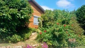 Uma casa de madeira com janela, cercada por vegetação exuberante e um deck de madeira.