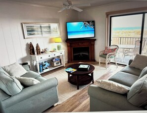 TV, fireplace - Oceanfront 3BR/2BA Camelot, Ocean City, MD w/  Balcony Views, Pool & Beach Access (Ocean City)
