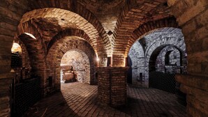 Un intérieur aux murs de pierre, doté de voûtes en arc et d’un sol en briques.