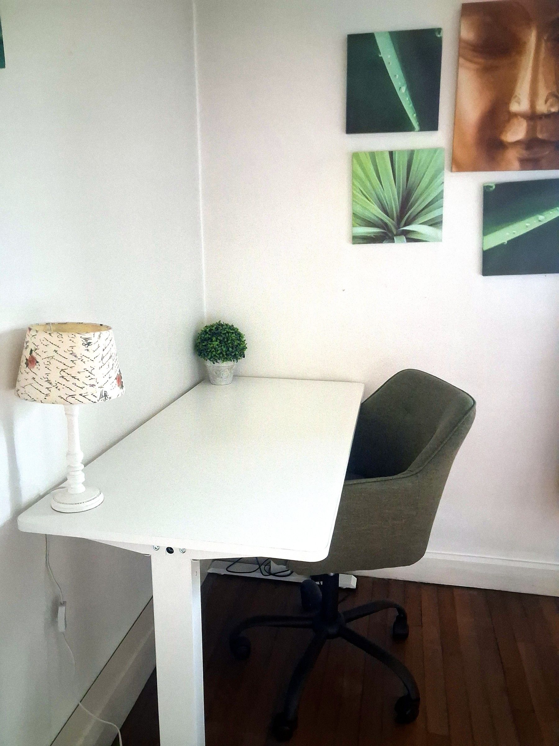 A white desk with a small potted plant, a grey office chair, and a lamp with a patterned lampshade.