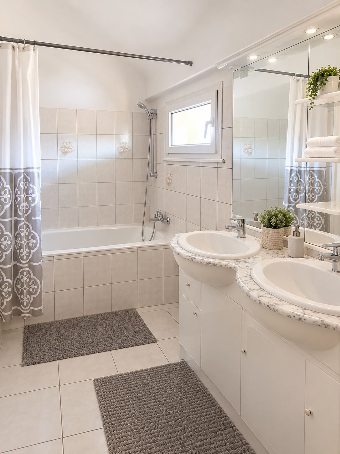 A modern bathroom with a bathtub, two sinks, a shower, and a window.