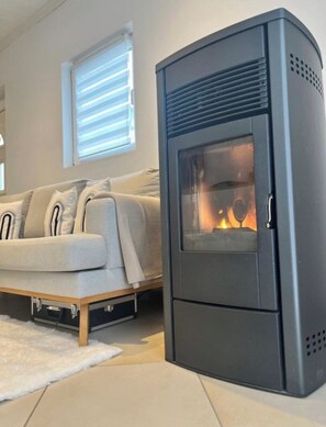 A modern living room with a grey sofa, a glass-fronted fireplace, and a window with blinds. - Garden Apartment Ammersee (Herrsching am Ammersee)