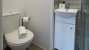 Een badkamer met toilet, wastafel en een douchecabine van glas.