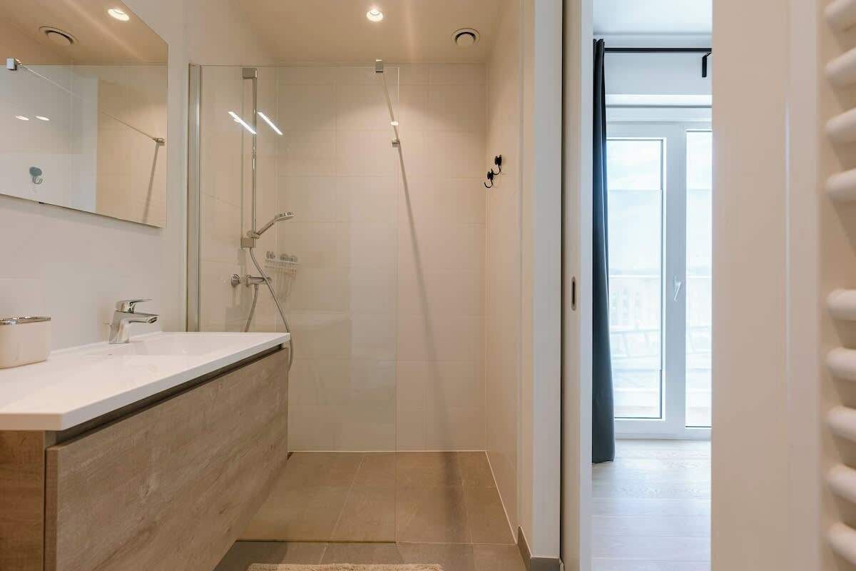 Shower, hair dryer, towels, shampoo