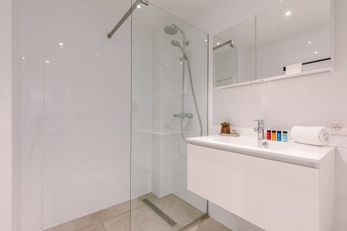 Een douche, een haardroger, handdoeken, shampoo