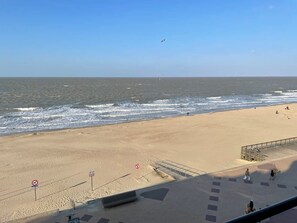 Ein Strand mit blauem Himmel, sandigem Ufer und einigen Spaziergängern.