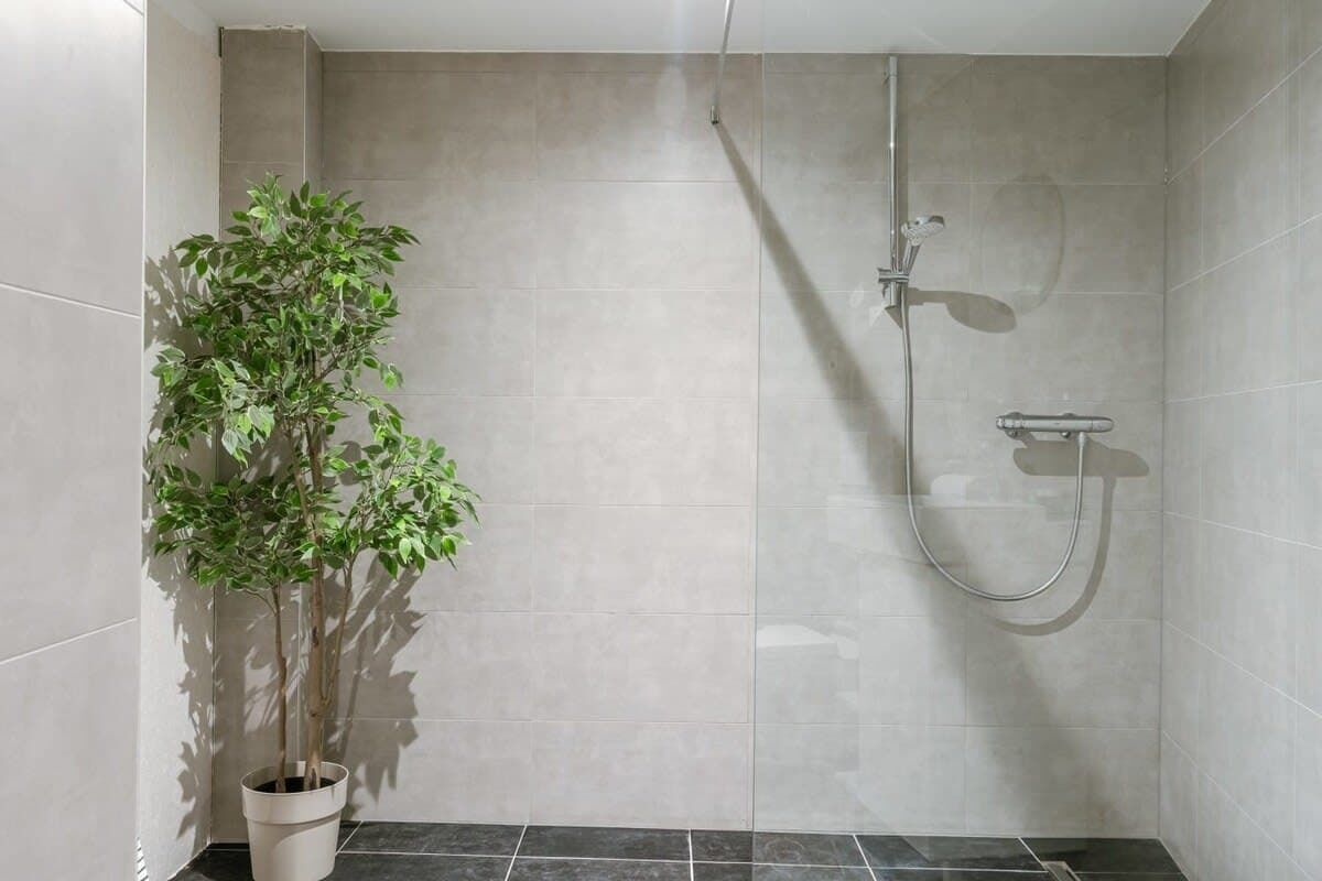 Shower, hair dryer, towels, shampoo