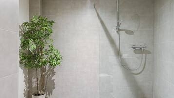 Douche, sèche-cheveux, serviettes fournies, shampoing