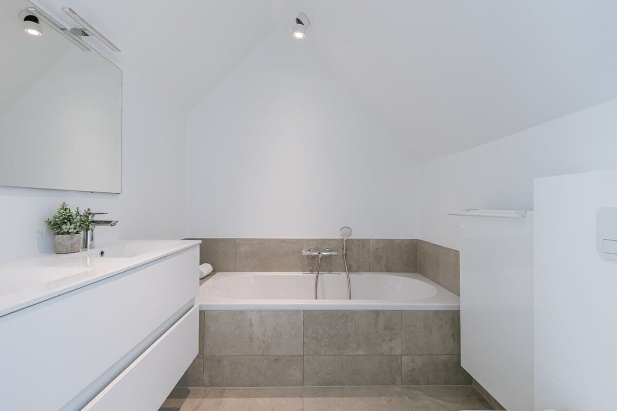 Un baño moderno con una bañera, un espejo grande y una planta en el lavamanos.