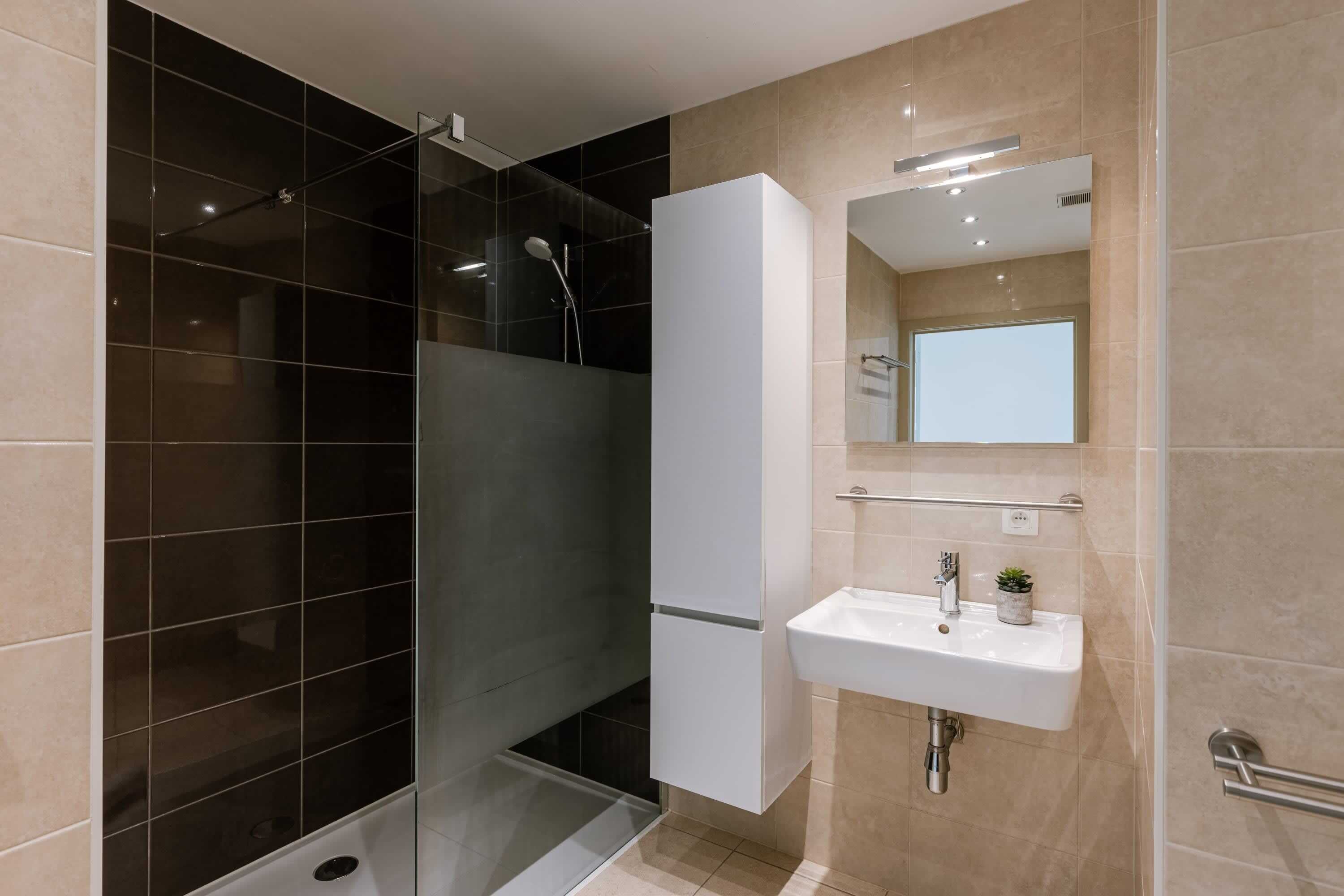Shower, hair dryer, towels, shampoo