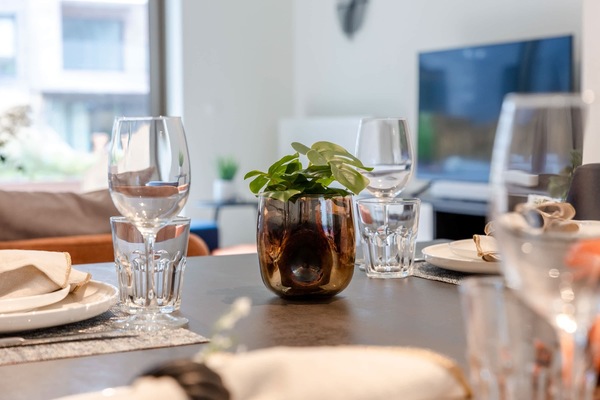 Modern dining table set with glassware and a small plant centerpiece in a bright living space.