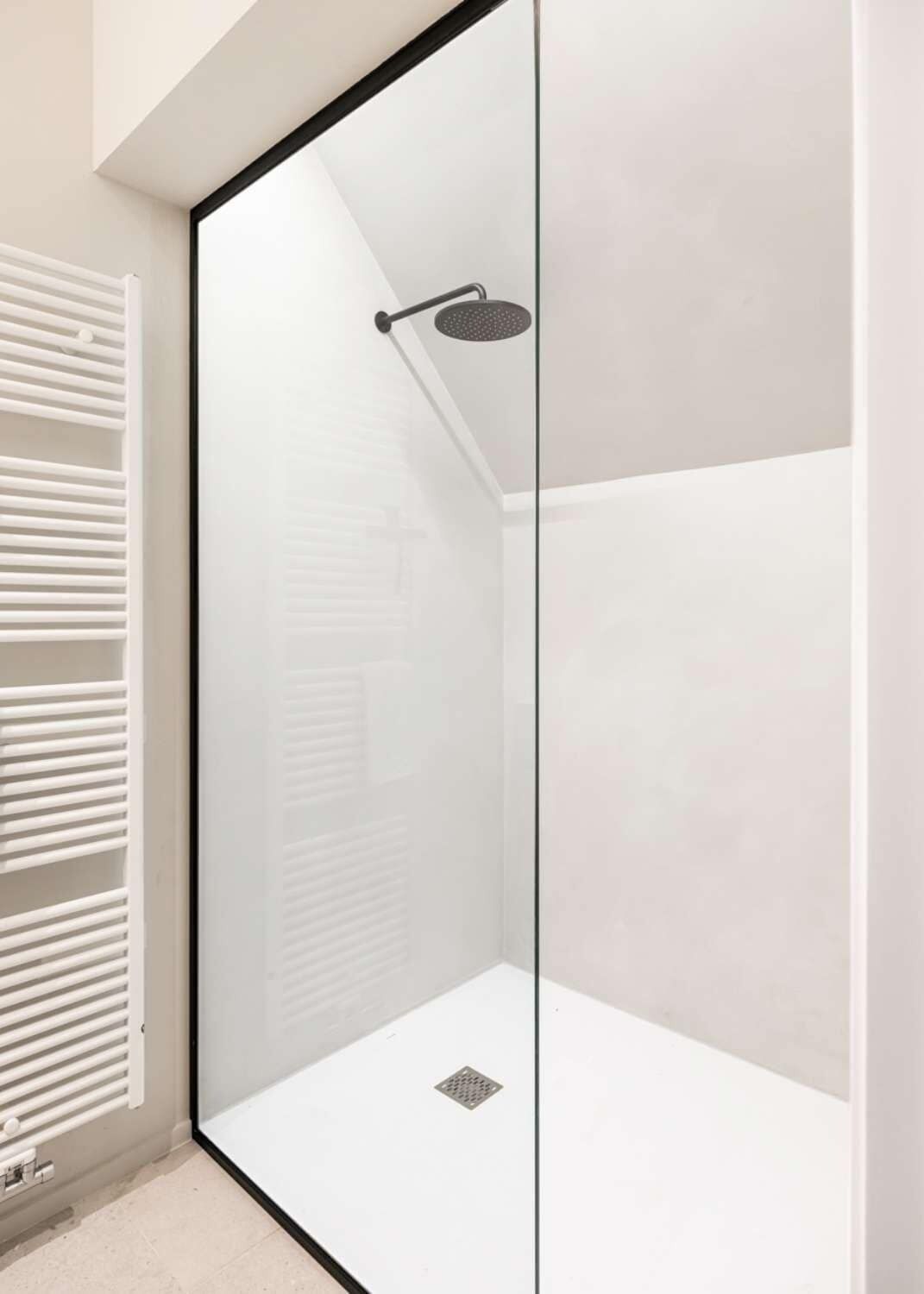 Shower, hair dryer, towels, shampoo