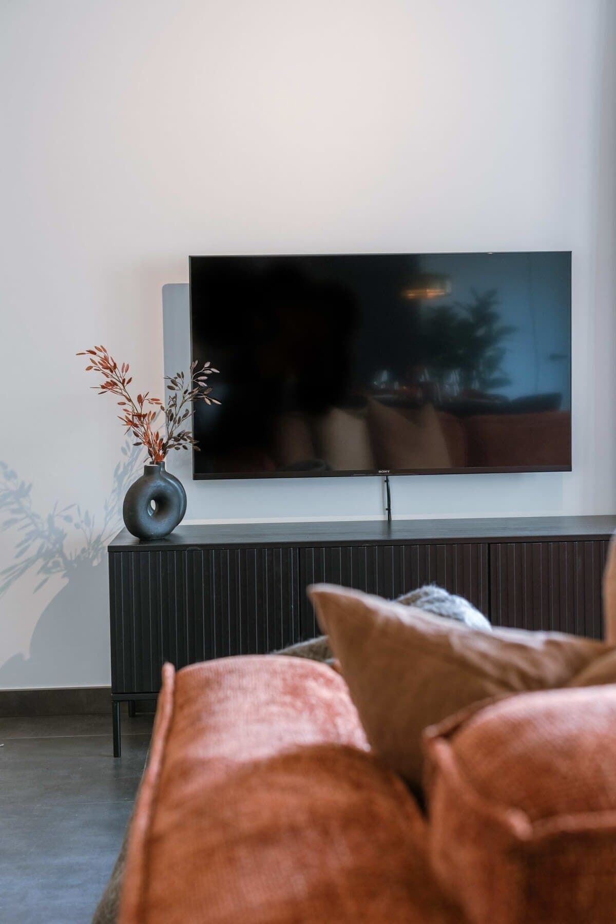Moderni olohuone, jossa seinälle on asennettu litteänäyttöinen televisio. Sen alla on tumma puinen kaappi, ja kaapin päällä on maljakko, jossa on kuivattuja kasveja.