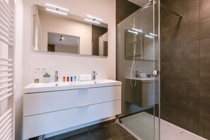 Dusche, Haartrockner, Handtücher, Shampoo