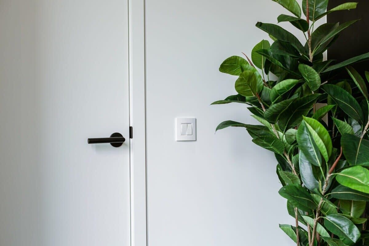 A white door with a black handle and a light switch on the wall.