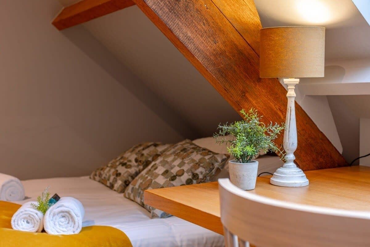 A bedroom with a bed, pillows, a bedside table with a lamp, a small potted plant, and rolled towels.